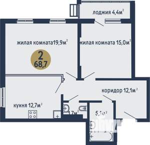 2-к квартира, строящийся дом, 69м2, 2/3 этаж