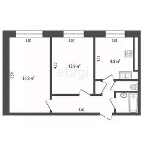 2-к квартира, вторичка, 51м2, 1/9 этаж