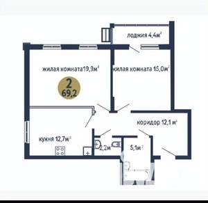 2-к квартира, вторичка, 67м2, 2/3 этаж