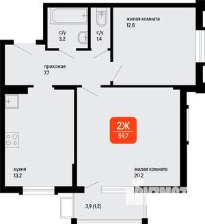 2-к квартира, строящийся дом, 60м2, 2/3 этаж
