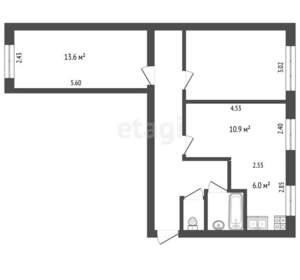 3-к квартира, вторичка, 60м2, 2/2 этаж