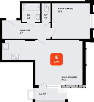 1-к квартира, строящийся дом, 53м2, 1/3 этаж