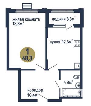1-к квартира, строящийся дом, 48м2, 1/3 этаж