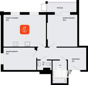 2-к квартира, строящийся дом, 69м2, 2/3 этаж